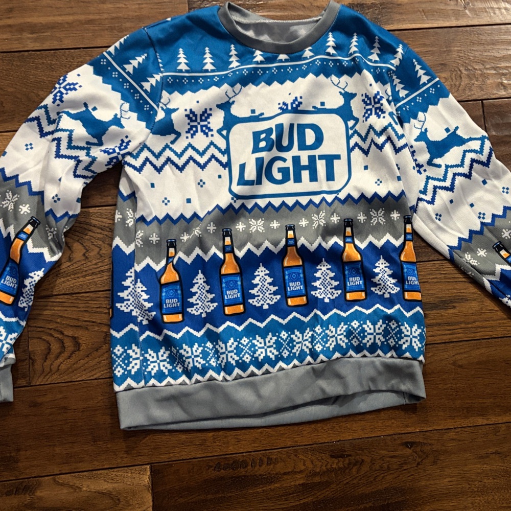 Bud Light Blue and White Holiday sweater